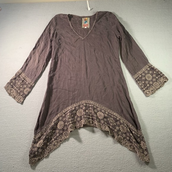 Johnny Was Tops - Johnny Was Brown Embroidered Asymmetrical V-neck Tunic Top Size S